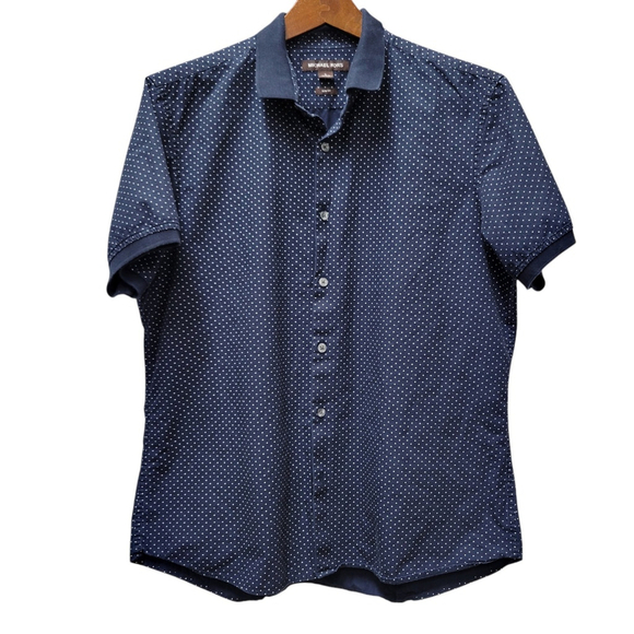 Michael Kors Slim-Fit Navy Polka-dot Button-Up Cotton Shirt Size Large Men's - Picture 1 of 9